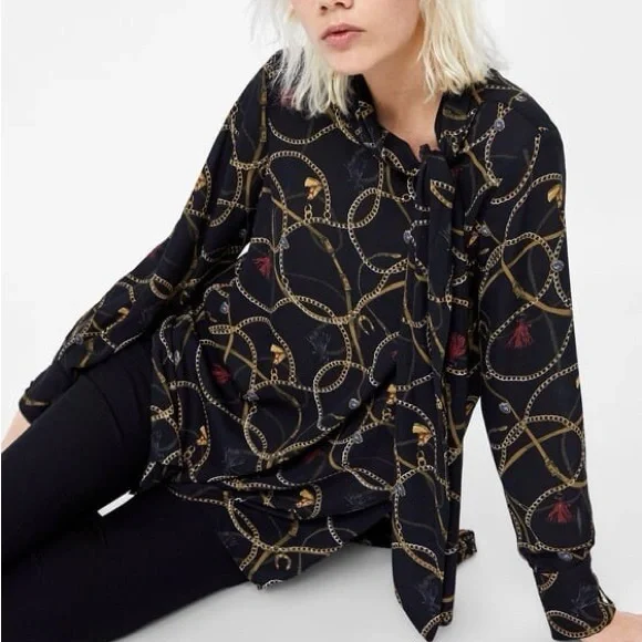 Zara Chain Tassel Horse & Jewel Pattern Tie Neck Tunic XL - Picture 1 of 11